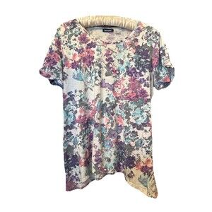 Basic Editions Women's Floral Size L Short Cuffed Sleeve Tunic Top T-shirt
